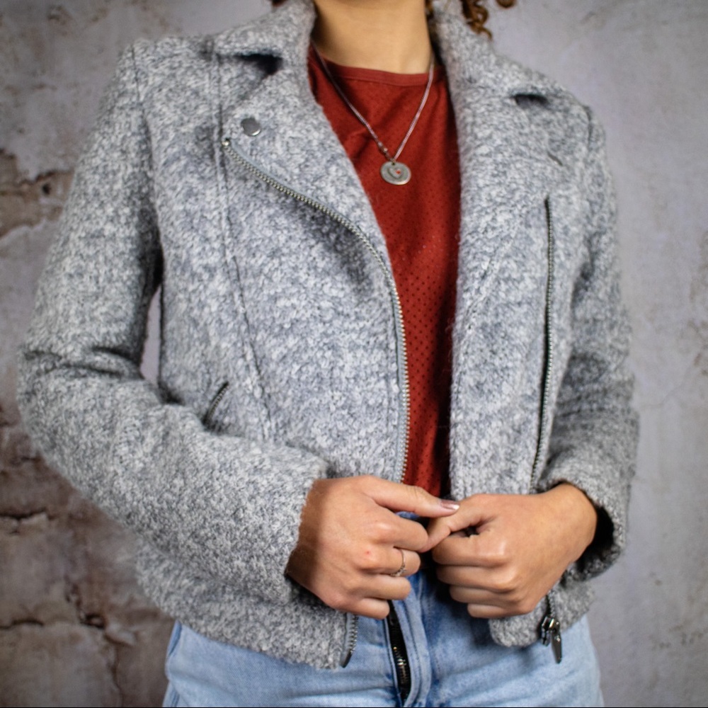 Divided | Light Grey Textured Tweed Motto Jacket